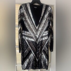 Express Sequin and Mesh Party Dress Deep V Long Sleeve